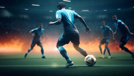 Men playing competitive soccer, kicking blue ball with determination generated by artificial intelligenceの素材