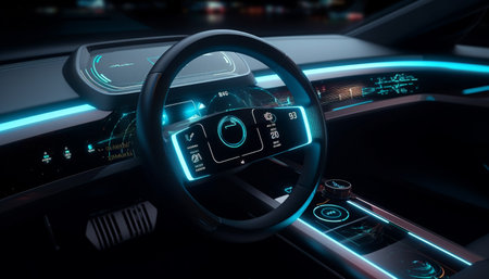 Modern car interior with blue control panel and shiny technology generated by artificial intelligenceの素材