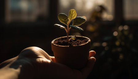 Hand holding small seedling, planting new life for environmental conservation generated by artificial intelligenceの素材
