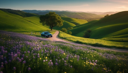 Tranquil rural scene, rolling landscape, yellow sunset, idyllic meadow adventure generated by artificial intelligenceの素材