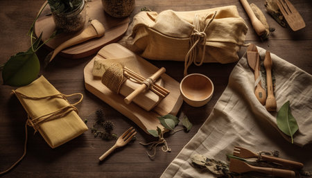 Rustic wood table with homemade organic food and antique book generated by artificial intelligenceの素材