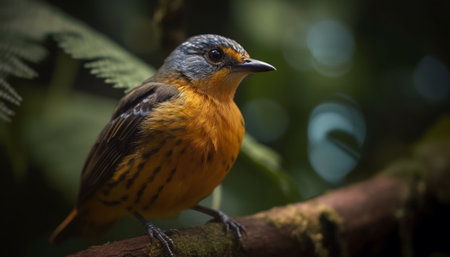 Yellow headed blackbird perching on branch, resting in tranquil scene generated by artificial intelligenceの素材