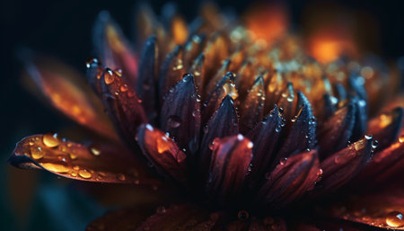 Vibrant pink daisy in soft focus, wet with dew drops generated by artificial intelligenceの素材