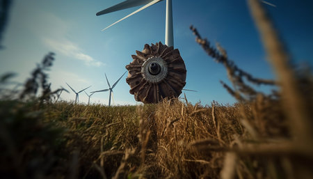 Wind turbine propeller spinning, powering sustainable agriculture industry outdoors generated by artificial intelligenceの素材