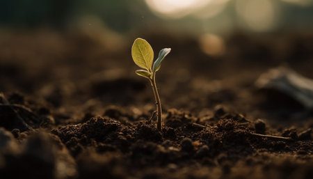 Fresh green seedling growth in wet dirt, new life outdoors generated by artificial intelligenceの素材