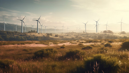 Spinning wind turbine generates sustainable energy in rural mountain landscape generated by artificial intelligenceの素材