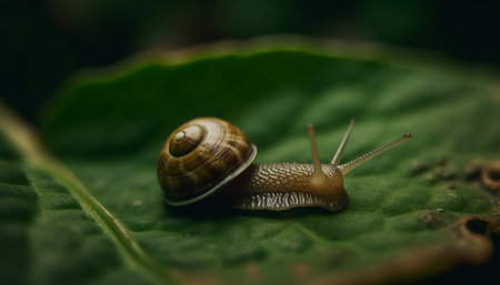 Green garden snail crawling on wet leaf, slimy and slow generated by artificial intelligenceの素材