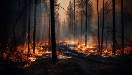 Silhouette of pine tree in burning forest, spooky mystery generated by artificial intelligenceの素材