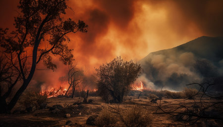 Burning forest fire creates spooky inferno in non urban mountain range generated by artificial intelligenceの素材
