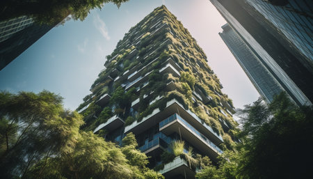 Futuristic skyscraper reflects modern city life with green nature growth generated by artificial intelligenceの素材
