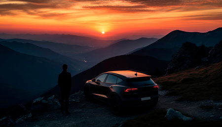 Silhouette of one man driving off road, exploring mountain terrain generated by artificial intelligenceの素材