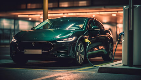 Shiny sports car illuminated by headlights speeds through city traffic generated by artificial intelligenceの素材