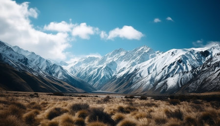 Panoramic mountain range, majestic peak, tranquil meadow, beauty in nature generated by artificial intelligenceの素材