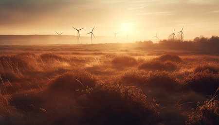 Wind turbines turning in the sunset, powering rural landscapes sustainably generated by artificial intelligenceの素材