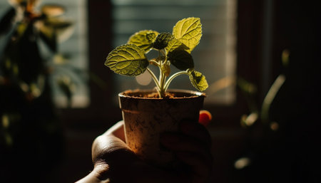 Hand holding seedling in flower pot for new plant growth generated by artificial intelligenceの素材