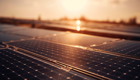 Sunset solar power station generates sustainable electricity for modern industry generated by artificial intelligenceの素材