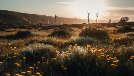 Wind turbine propeller turning, generating sustainable electricity for rural landscape generated by artificial intelligenceの素材