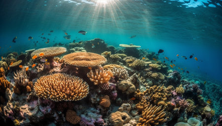 Colorful aquatic landscape below, swimming with school of fish generated by artificial intelligenceの素材