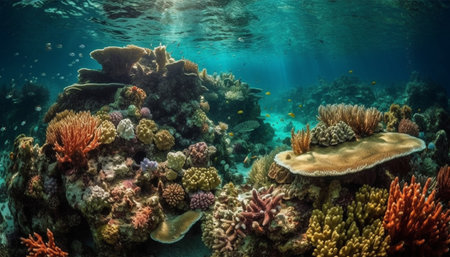 Colorful underwater reef teeming with tropical fish and sea life generated by artificial intelligenceの素材