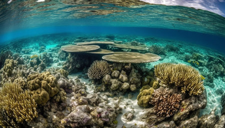 Exploring the vibrant seascape below, swimming with tropical sea life generated by artificial intelligenceの素材