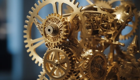Metallic machinery turning in close up, interlocked for precision teamwork generated by artificial intelligenceの素材