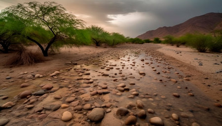 Tranquil scene of arid Africa, mountain range, dusty sand dunes generated by artificial intelligenceの素材