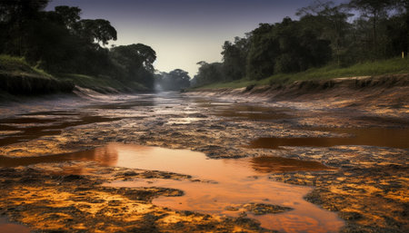 Tranquil scene of a forest at dusk, reflecting in water generated by artificial intelligenceの素材