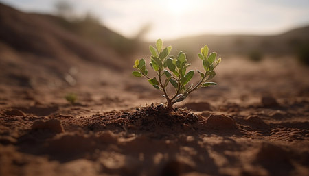 Fresh seedling growth in the dirt, surrounded by green plant leaves generated by artificial intelligenceの素材