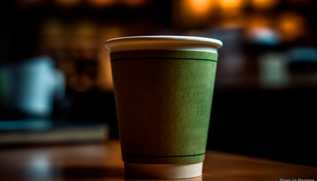 Hot coffee in disposable cup on wooden table at cafe generated by artificial intelligenceの素材
