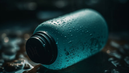 Wet drop on glass bottle reflects blue background, freshness and purity generated by artificial intelligenceの素材