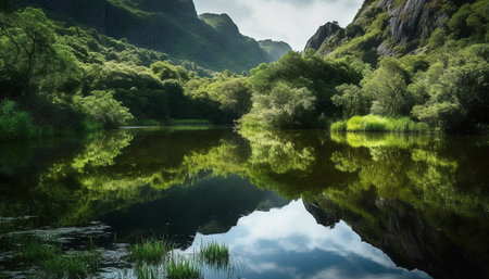 Tranquil scene of a mountain reflecting in a green pond generated by artificial intelligenceの素材