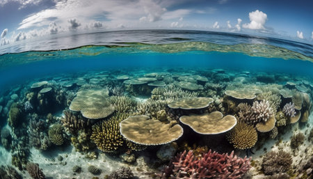 Colorful sea life thrives in the idyllic underwater landscape generated by artificial intelligenceの素材
