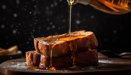 Indulgent hazelnut fudge slice with flowing toffee syrup on plate generated by artificial intelligenceの素材
