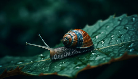 Green garden snail crawling on wet leaf, slimy mollusk outdoors generated by artificial intelligenceの素材