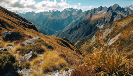 Journey through majestic mountain range, witness beauty in nature generated by artificial intelligenceの素材