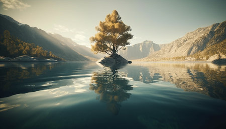 Tranquil scene of mountain range, forest, and reflection in water generated by artificial intelligence