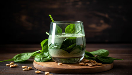 Organic vegetable smoothie, a healthy gourmet refreshment on rustic table generated by artificial intelligenceの素材