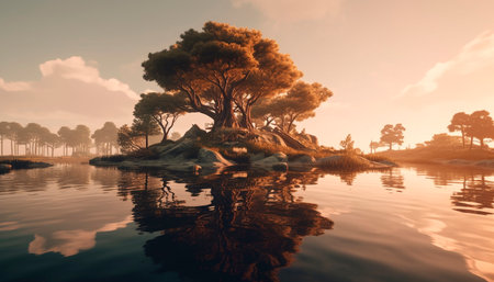 Tranquil scene of a sunset over a forest reflecting in water generated by artificial intelligenceの素材