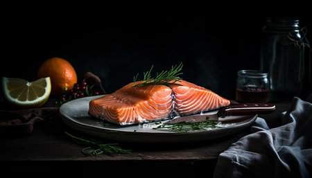 Grilled salmon steak with lemon and dill on dark wood generated by artificial intelligenceの素材