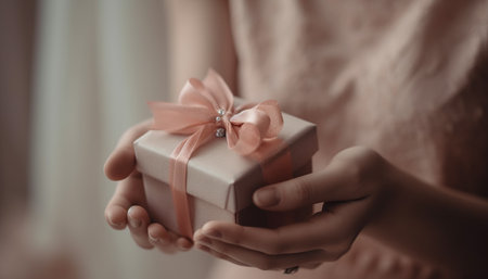 Hand holding gift box wrapped in decoration for celebration event generated by artificial intelligenceの素材