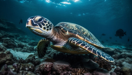 Green hawksbill turtle swims in tranquil underwater reef environment generated by artificial intelligenceの素材