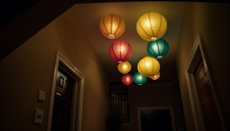 Vibrant colored lanterns illuminate the dark winter night indoors generated by artificial intelligenceの素材