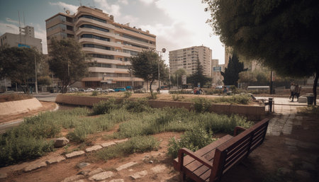 Modern skyscrapers tower over city streets, surrounded by nature growth generated by artificial intelligenceの素材