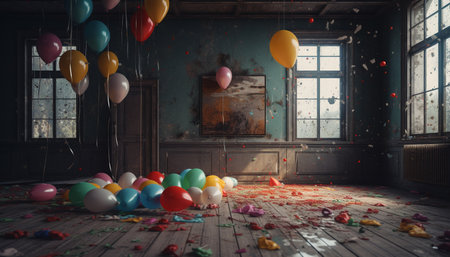 Vibrant balloons fill modern room for cheerful birthday celebration generated by artificial intelligenceの素材