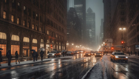 City life in motion Skyscrapers, traffic, and nightlife illuminate winter streets generated by artificial intelligenceの素材