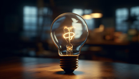 Bright glowing electric lamp illuminates table, sparking creativity and innovation generated by artificial intelligenceの素材