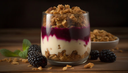 Organic granola parfait with yogurt, berries, and honey on wood generated by artificial intelligenceの素材