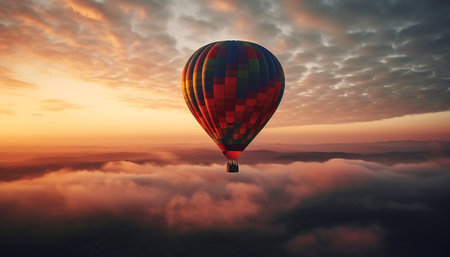 Levitating hot air balloon soars high in vibrant sky journey generated by artificial intelligenceの素材