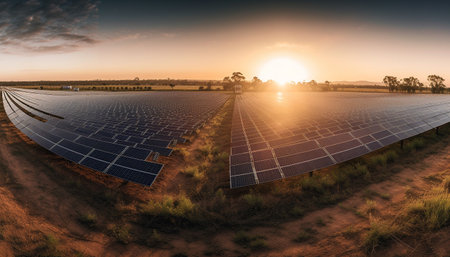 Sunset sky powers solar panel farm for sustainable energy supply generated by artificial intelligenceの素材