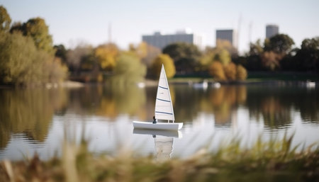 Sailboat sailing on tranquil water, surrounded by autumn landscape beauty generated by artificial intelligenceの素材